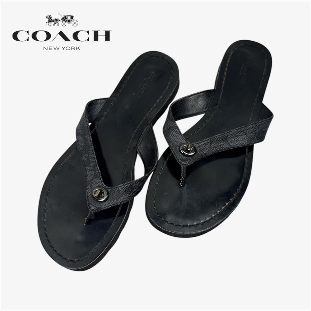 Coach flip flops black leather